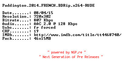 NFO for the release Paddington.2014.FRENCH.BDRip.x264-RUDE by RUDE