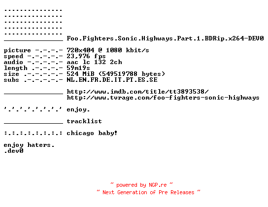 NFO for the release Foo.Fighters.Sonic.Highways.Part.1.BDRip.x264-DEV0 by DEV0