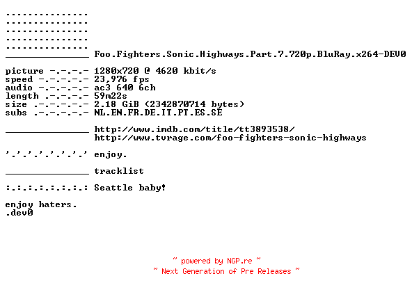 NFO for the release Foo.Fighters.Sonic.Highways.Part.7.720p.BluRay.x264-DEV0 by DEV0