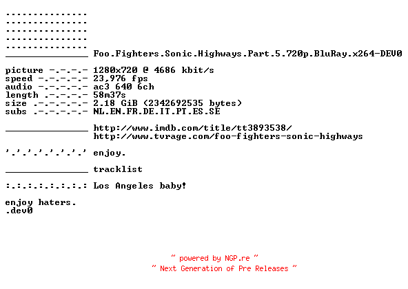 NFO for the release Foo.Fighters.Sonic.Highways.Part.5.720p.BluRay.x264-DEV0 by DEV0
