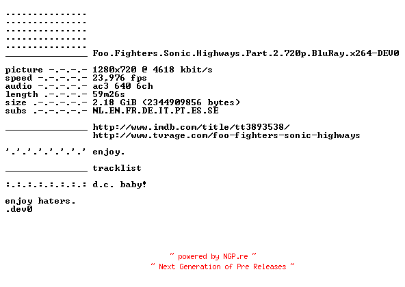 NFO for the release Foo.Fighters.Sonic.Highways.Part.2.720p.BluRay.x264-DEV0 by DEV0