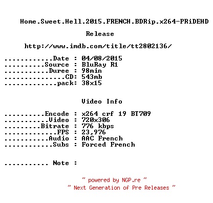 NFO for the release Home.Sweet.Hell.2015.FRENCH.BDRip.x264-PRiDEHD by PRiDEHD