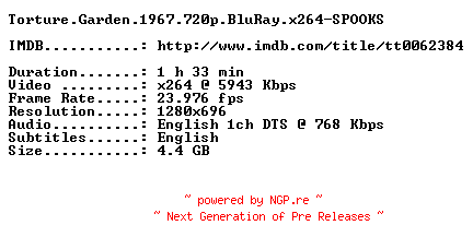 NFO for the release Torture.Garden.1967.720p.BluRay.x264-SPOOKS by SPOOKS