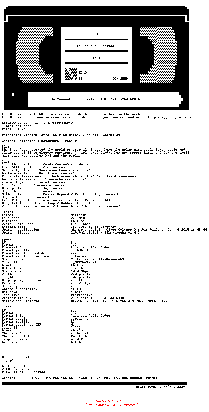 NFO for the release De.Sneeuwkoningin.2012.DUTCH.BDRip.x264-EXViD by EXViD