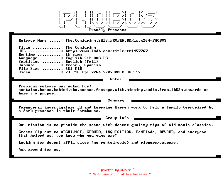 NFO for the release The.Conjuring.2013.PROPER.BDRip.x264-PHOBOS by PHOBOS