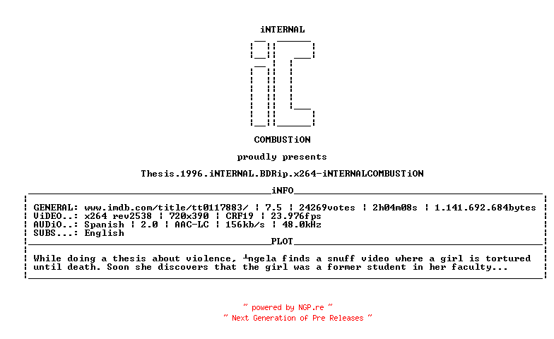 NFO for the release Thesis.1996.iNTERNAL.BDRip.x264-iNTERNALCOMBUSTiON by iNTERNALCOMBUSTiON