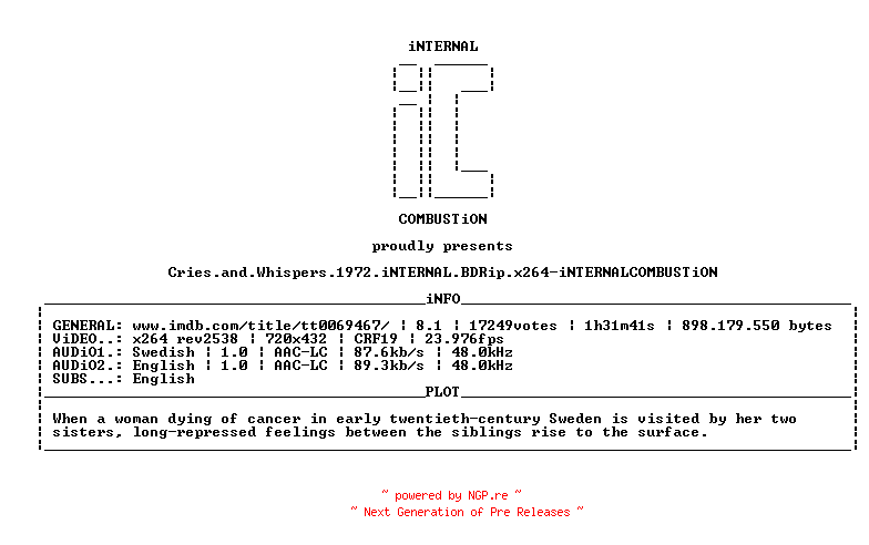 NFO for the release Cries.and.Whispers.1972.iNTERNAL.BDRip.x264-iNTERNALCOMBUSTiON by iNTERNALCOMBUSTiON