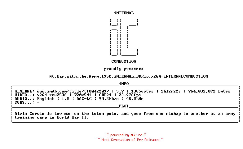NFO for the release At.War.with.the.Army.1950.iNTERNAL.BDRip.x264-iNTERNALCOMBUSTiON by iNTERNALCOMBUSTiON