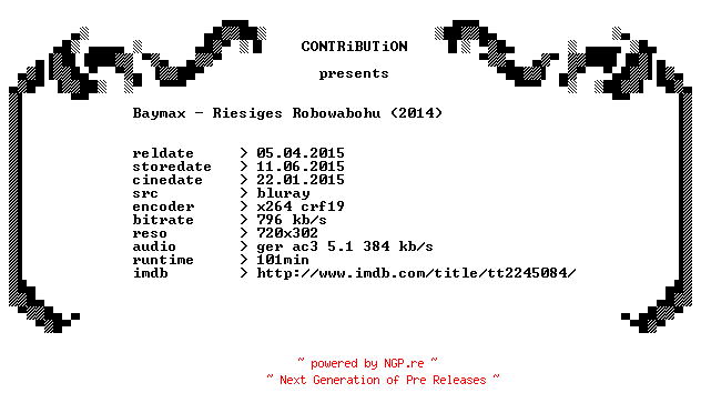 NFO for the release Baymax.Riesiges.Robowabohu.2014.German.BDRip.x264-CONTRiBUTiON by CONTRiBUTiON