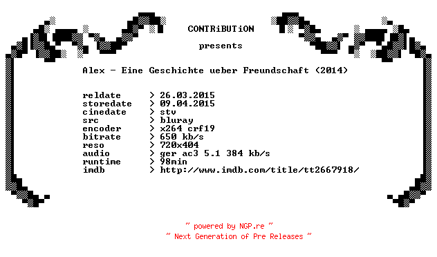 NFO for the release Alex.Eine.Geschichte.ueber.Freundschaft.2014.German.BDRip.x264-CONTRiBUTiON by CONTRiBUTiON