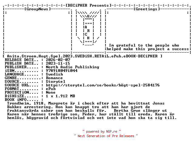 NFO for the release Anita.Stroem.Hogt.Spel.2023.SWEDiSH.RETAiL.ePub.eBOOK-DECiPHER by DECiPHER