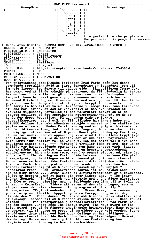NFO for the release Brad.Parks.Sidste.Akt.2023.DANiSH.RETAiL.ePub.eBOOK-DECiPHER by DECiPHER