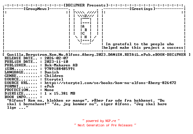 NFO for the release Gunilla.Bergstrom.Kom.Nu.Alfons.Aberg.2023.DANiSH.RETAiL.ePub.eBOOK-DECiPHER by DECiPHER