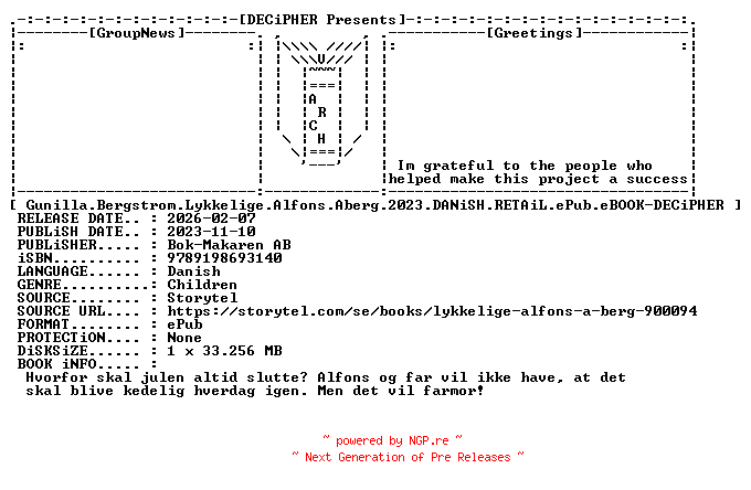 NFO for the release Gunilla.Bergstrom.Lykkelige.Alfons.Aberg.2023.DANiSH.RETAiL.ePub.eBOOK-DECiPHER by DECiPHER