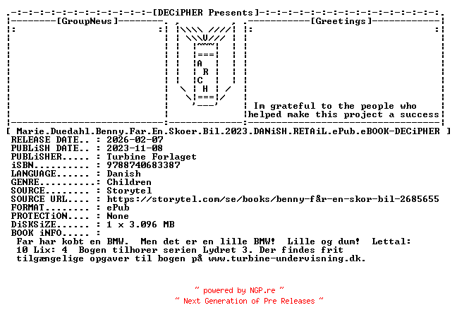 NFO for the release Marie.Duedahl.Benny.Far.En.Skoer.Bil.2023.DANiSH.RETAiL.ePub.eBOOK-DECiPHER by DECiPHER