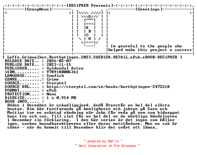 NFO for the release Leffe.Grimwalker.Bortbytingen.2023.SWEDiSH.RETAiL.ePub.eBOOK-DECiPHER by DECiPHER