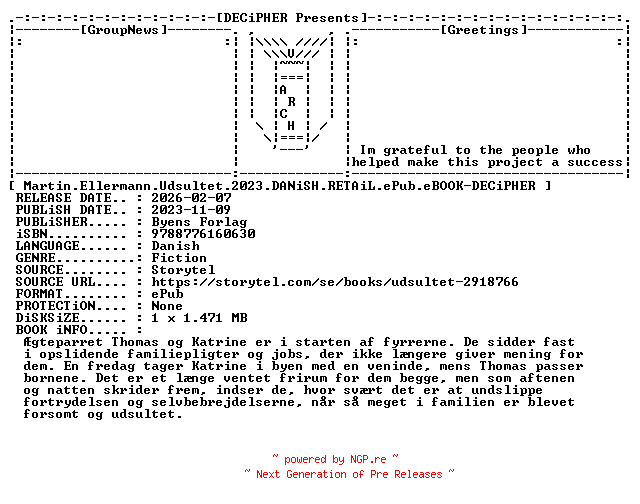 NFO for the release Martin.Ellermann.Udsultet.2023.DANiSH.RETAiL.ePub.eBOOK-DECiPHER by DECiPHER