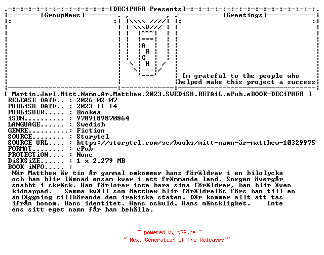 NFO for the release Martin.Jarl.Mitt.Namn.Ar.Matthew.2023.SWEDiSH.RETAiL.ePub.eBOOK-DECiPHER by DECiPHER