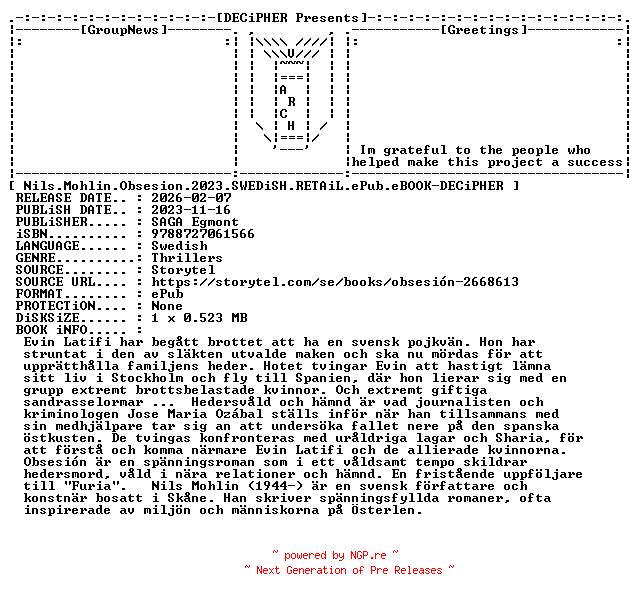 NFO for the release Nils.Mohlin.Obsesion.2023.SWEDiSH.RETAiL.ePub.eBOOK-DECiPHER by DECiPHER