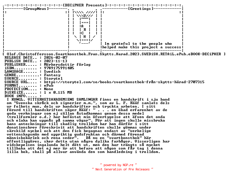 NFO for the release Olof.Christoffersson.Svartkonstbok.Fran.Skytts.Harad.2023.SWEDiSH.RETAiL.ePub.eBOOK-DECiPHER by DECiPHER