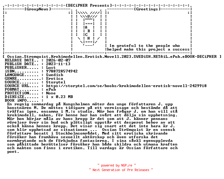 NFO for the release Ossian.Stromquist.Krokimodellen.Erotisk.Novell.2023.SWEDiSH.RETAiL.ePub.eBOOK-DECiPHER by DECiPHER