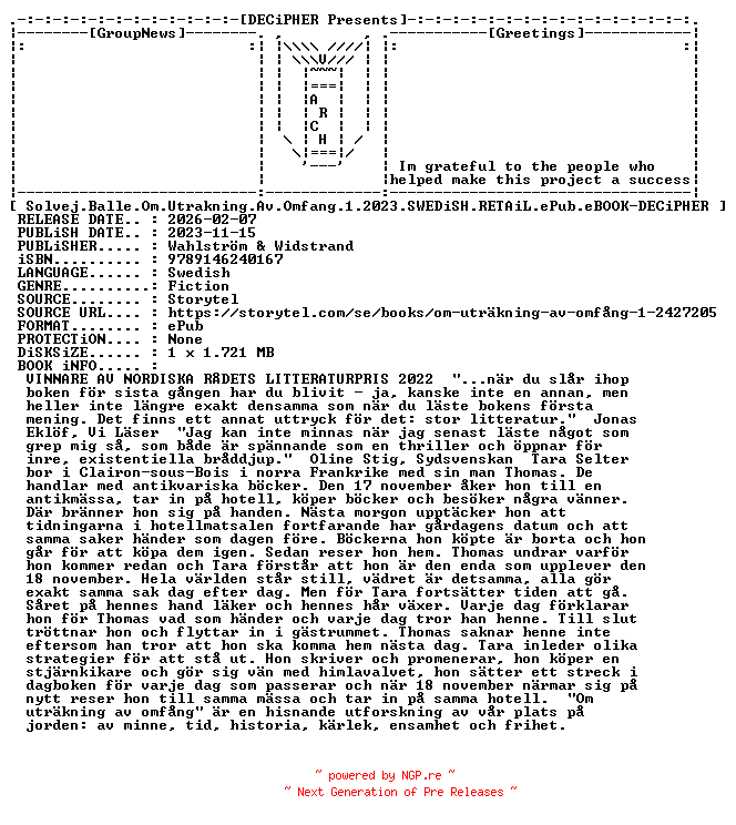 NFO for the release Solvej.Balle.Om.Utrakning.Av.Omfang.1.2023.SWEDiSH.RETAiL.ePub.eBOOK-DECiPHER by DECiPHER