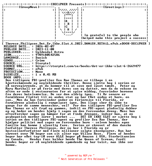 NFO for the release Therese.Philipsen.Det.Er.Ikke.Slut.6.2023.DANiSH.RETAiL.ePub.eBOOK-DECiPHER by DECiPHER
