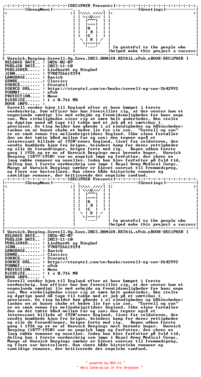 NFO for the release Warwick.Deeping.Sorrell.Og.Soen.2023.DANiSH.RETAiL.ePub.eBOOK-DECiPHER by DECiPHER