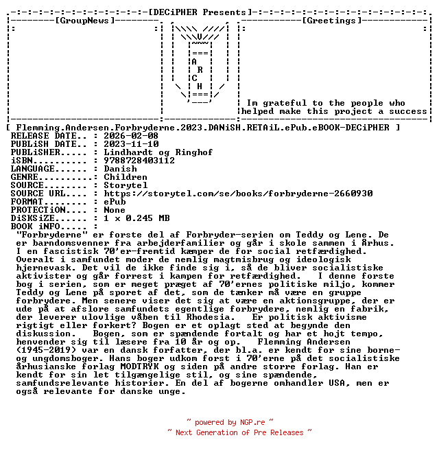 NFO for the release Flemming.Andersen.Forbryderne.2023.DANiSH.RETAiL.ePub.eBOOK-DECiPHER by DECiPHER