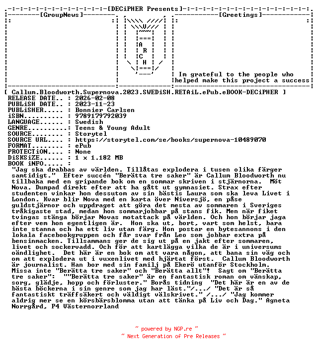 NFO for the release Callum.Bloodworth.Supernova.2023.SWEDiSH.RETAiL.ePub.eBOOK-DECiPHER by DECiPHER