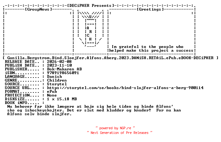 NFO for the release Gunilla.Bergstrom.Bind.Sloejfer.Alfons.Aberg.2023.DANiSH.RETAiL.ePub.eBOOK-DECiPHER by DECiPHER