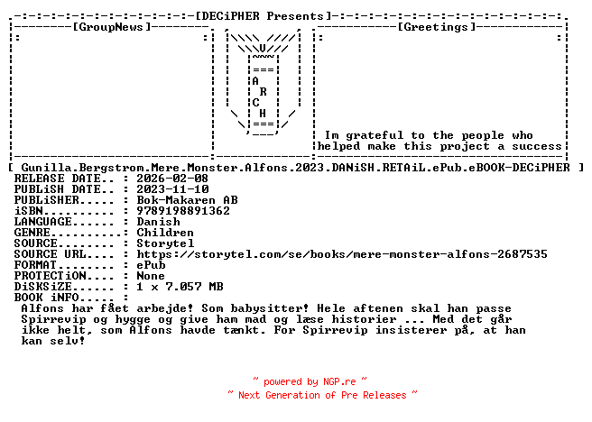 NFO for the release Gunilla.Bergstrom.Mere.Monster.Alfons.2023.DANiSH.RETAiL.ePub.eBOOK-DECiPHER by DECiPHER