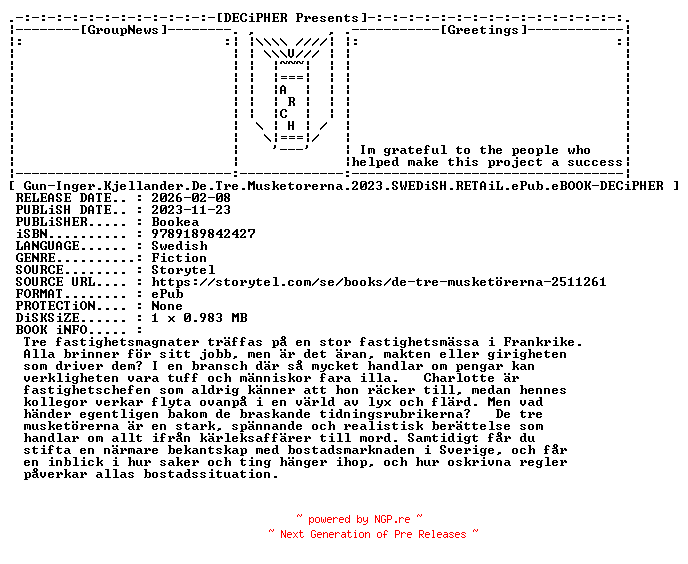 NFO for the release Gun.Inger.Kjellander.De.Tre.Musketorerna.2023.SWEDiSH.RETAiL.ePub.eBOOK-DECiPHER by DECiPHER