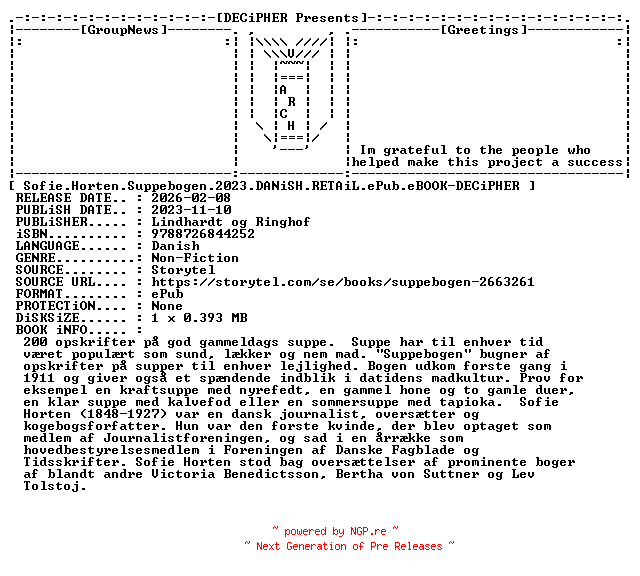 NFO for the release Sofie.Horten.Suppebogen.2023.DANiSH.RETAiL.ePub.eBOOK-DECiPHER by DECiPHER
