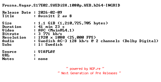 NFO for the release Frusna.Vagar.S17E02.SWEDiSH.1080p.WEB.h264-INGRID by INGRID