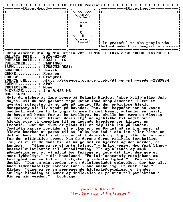 NFO for the release Abby.Jimenez.Din.Og.Min.Verden.2023.DANiSH.RETAiL.ePub.eBOOK-DECiPHER by DECiPHER