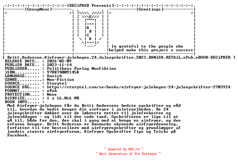 NFO for the release Britt.Andersen.Airfryer.Julebogen.24.Juleopskrifter.2023.DANiSH.RETAiL.ePub.eBOOK-DECiPHER by DECiPHER
