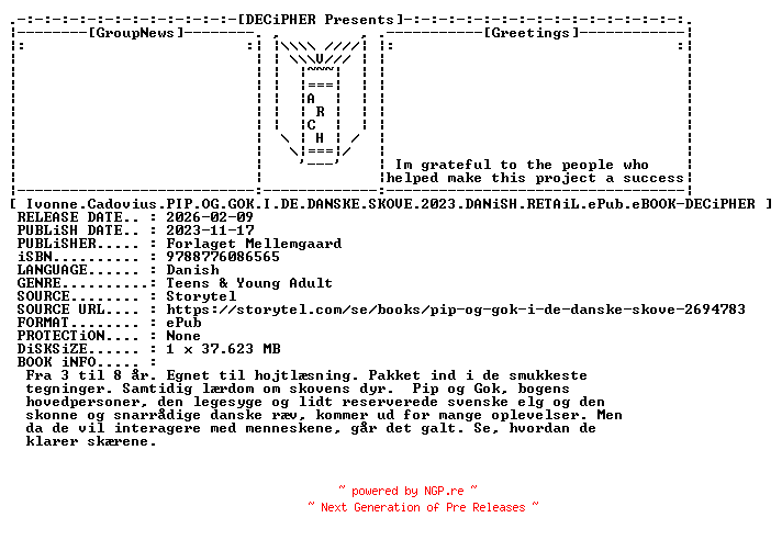 NFO for the release Ivonne.Cadovius.Pip.Og.Gok.I.De.Danske.Skove.2023.DANiSH.RETAiL.ePub.eBOOK-DECiPHER by DECiPHER