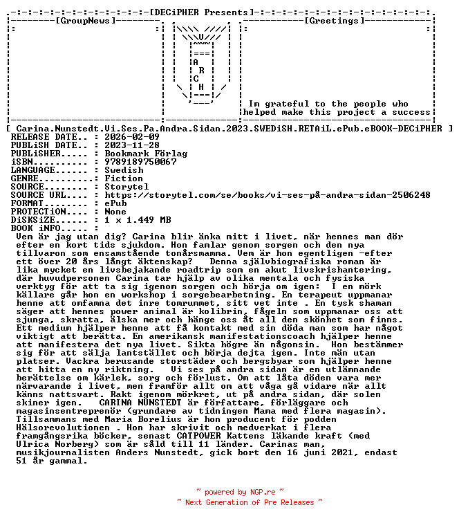 NFO for the release Carina.Nunstedt.Vi.Ses.Pa.Andra.Sidan.2023.SWEDiSH.RETAiL.ePub.eBOOK-DECiPHER by DECiPHER