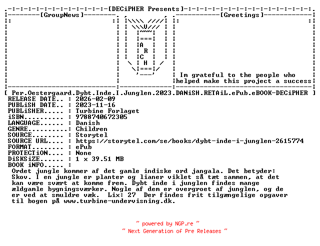 NFO for the release Per.Oestergaard.Dybt.Inde.I.Junglen.2023.DANiSH.RETAiL.ePub.eBOOK-DECiPHER by DECiPHER