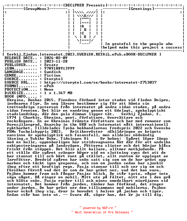 NFO for the release Serhij.Zjadan.Internatet.2023.SWEDiSH.RETAiL.ePub.eBOOK-DECiPHER by DECiPHER