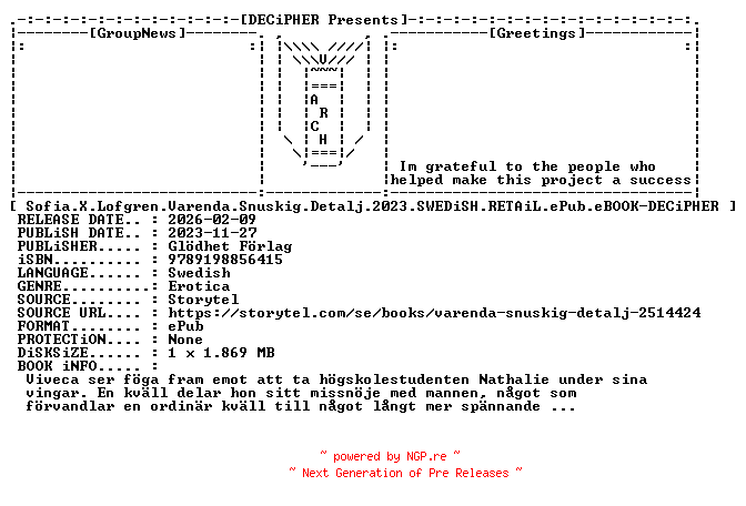 NFO for the release Sofia.X.Lofgren.Varenda.Snuskig.Detalj.2023.SWEDiSH.RETAiL.ePub.eBOOK-DECiPHER by DECiPHER