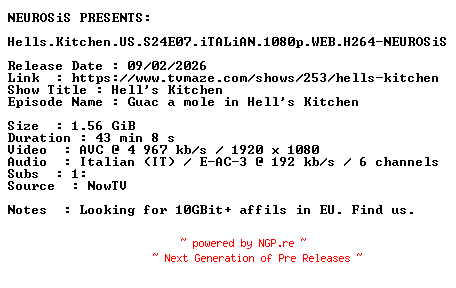 NFO for the release Hells.Kitchen.US.S24E07.iTALiAN.1080p.WEB.H264-NEUROSiS by NEUROSiS