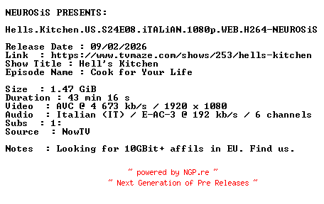 NFO for the release Hells.Kitchen.US.S24E08.iTALiAN.1080p.WEB.H264-NEUROSiS by NEUROSiS