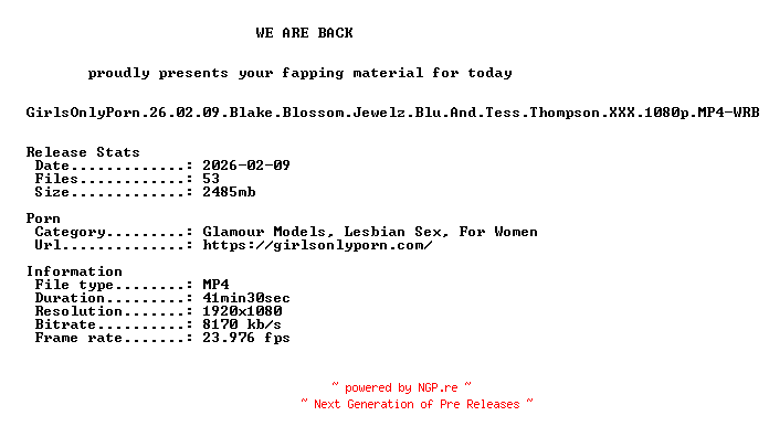 NFO for the release GirlsOnlyPorn.26.02.09.Blake.Blossom.Jewelz.Blu.And.Tess.Thompson.XXX.1080p.MP4-WRB by WRB
