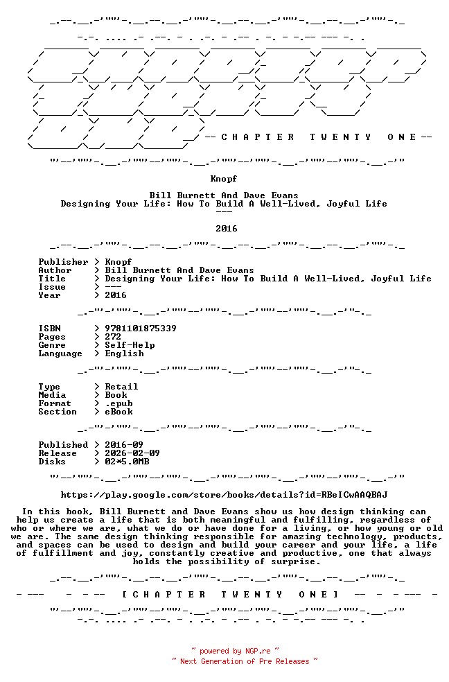 NFO for the release Bill.Burnett.And.Dave.Evans.-.Designing.Your.Life.How.To.Build.A.Well-Lived.Joyful.Life.2016.RETAIL.EPUB.eBook-CTO by CTO