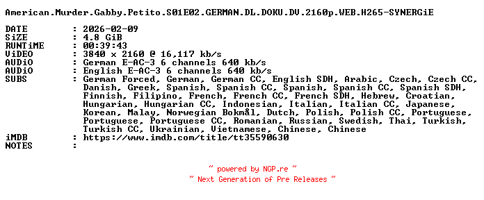 NFO for the release American.Murder.Gabby.Petito.S01E02.GERMAN.DL.DOKU.DV.2160p.WEB.H265-SYNERGiE by SYNERGiE