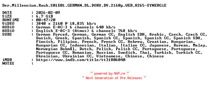 NFO for the release Der.Millennium.Raub.S01E01.GERMAN.DL.DOKU.DV.2160p.WEB.H265-SYNERGiE by SYNERGiE