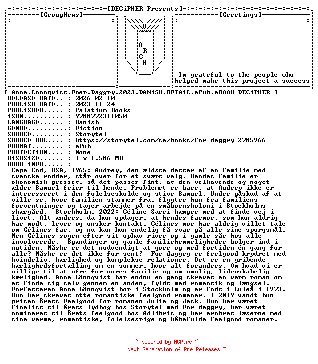 NFO for the release Anna.Lonnqvist.Foer.Daggry.2023.DANiSH.RETAiL.ePub.eBOOK-DECiPHER by DECiPHER