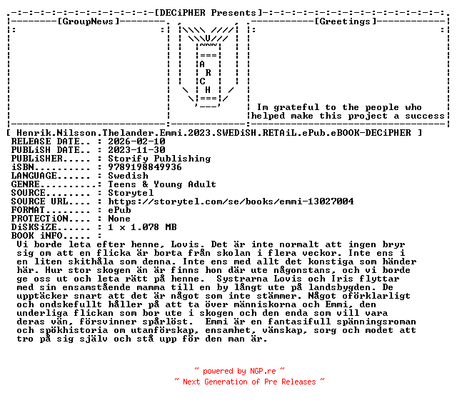 NFO for the release Henrik.Nilsson.Thelander.Emmi.2023.SWEDiSH.RETAiL.ePub.eBOOK-DECiPHER by DECiPHER